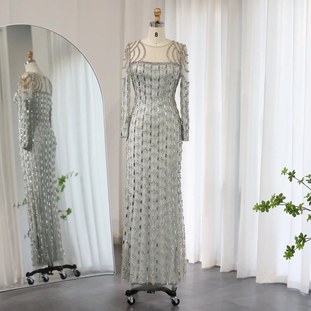 Luxury Sage Green Long Sleeves Mermaid Evening Dress